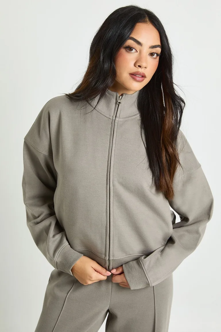Zip Through Funnel Neck Interlock Tracksuit - mushroom - 2