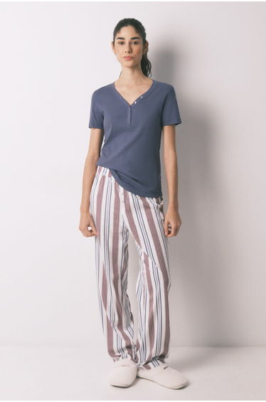 Blue cotton ribbed short sleeve T-shirt
