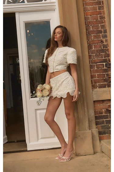 Cream Boucle Floral Frill Hem Mini Skirt