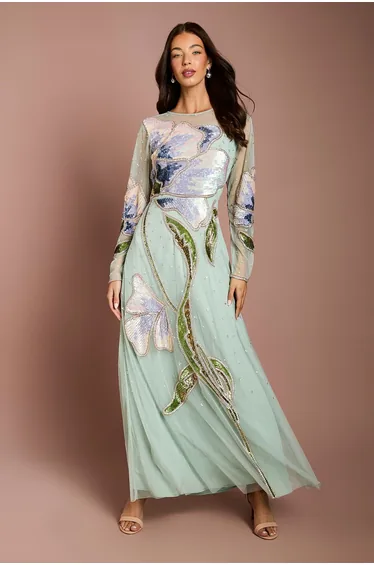 Embellished Long Sleeve Floral Maxi Dress
