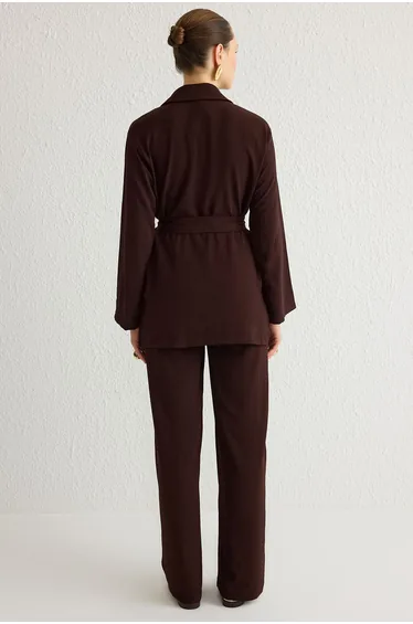 Brown Linen Look Flowy Double Breasted Closure Belted Woven Bottom-Top Set