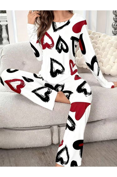 Heart Print Long Sleeve T-Shirt and Pyjama Set