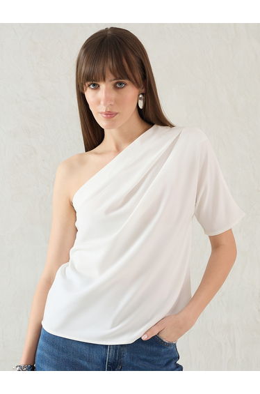 Plain Pleated One Shoulder Neck Top