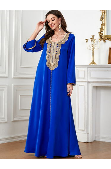 Women Royal Blue Embroidered Patch Jalabiya