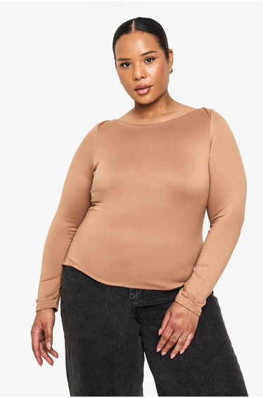 Plus Wide Neck Long Sleeve Top - taupe