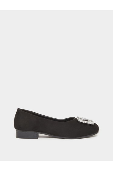 Black Suede Flat Shoes with Crystal Buckle