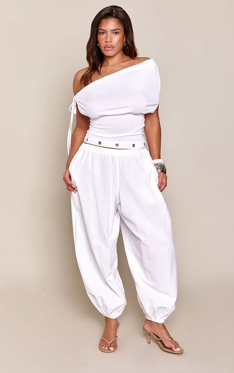 Shape White Eyelet Asymmetrical Short Sleeve Top
