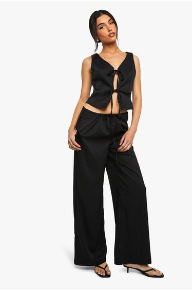 Linen Look Tie Waist Wide Leg Trouser - black