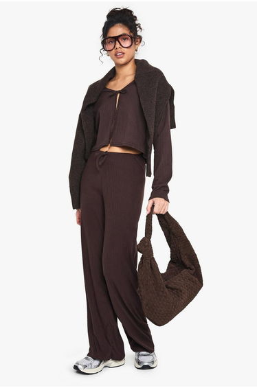 RIB TIE FRONT LONG SLEEVE TOP AND DRAWSTRING STRAGHT LEG TROUSER SET - chocolate