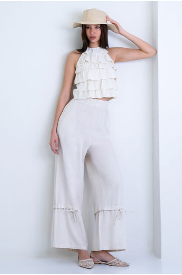 Women's Ecru Double Pocket Linen Loose Trousers with Tie Detail