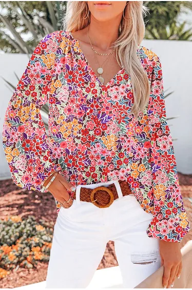 Lvness Fiery Red White Floral Print V Neck Long Puff Sleeve Top