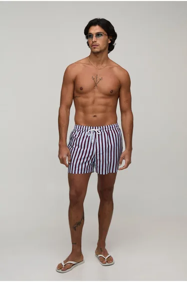 Stripe Short Length Swim Short - burgundy