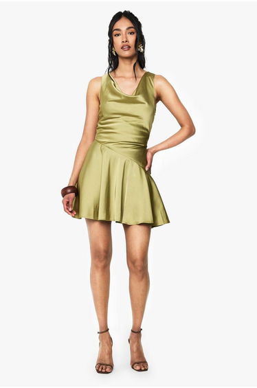 Satin Dropped Waist Mini Dress - sage