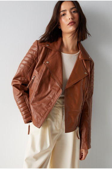 Essentials Real Leather Quilted Biker Jacket