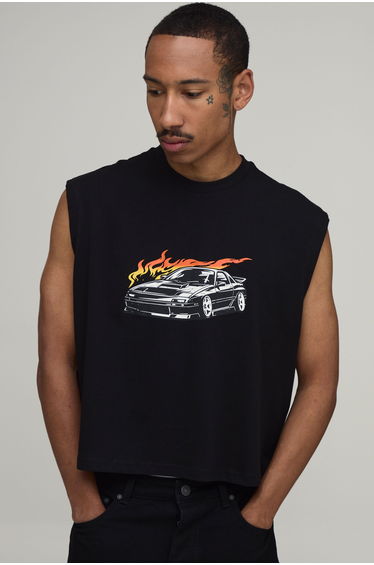 Oversized Boxy Car Print Tank - black
