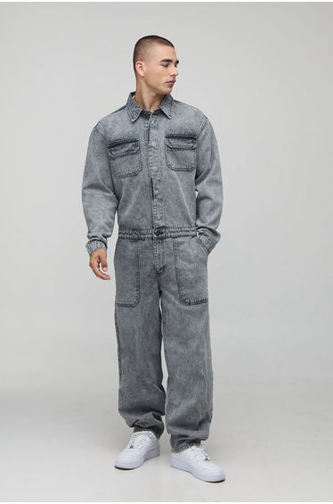 Long Sleeve Relaxed Fit Cargo Boilersuit - light grey