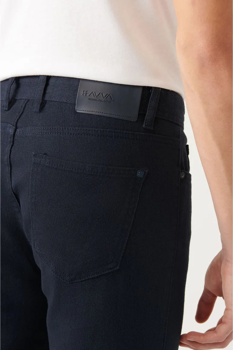 Men's Navy Blue 5-Pocket Cotton Slim Fit Slim Fit Trousers - 3