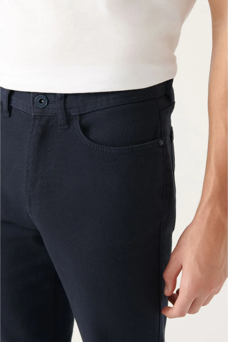 Men's Navy Blue 5-Pocket Cotton Slim Fit Slim Fit Trousers - 4
