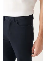 Men's Navy Blue 5-Pocket Cotton Slim Fit Slim Fit Trousers - 4