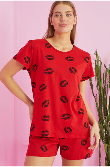 Red lip patterned Cotton Shorts-Pajamas Set