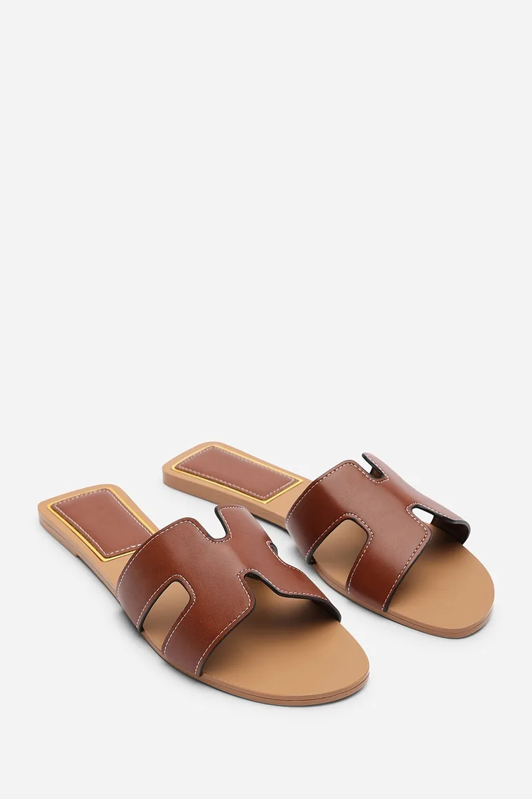 Grazia Cut Out Design Tan Slide On Sandals With Contrast Stitching - 4