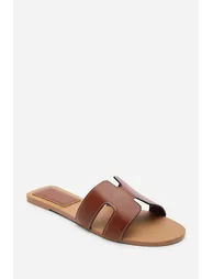 Grazia Cut Out Design Tan Slide On Sandals With Contrast Stitching - 3