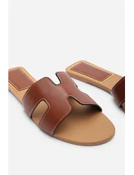Grazia Cut Out Design Tan Slide On Sandals With Contrast Stitching - 5