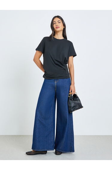 Black Pleated Detail Round Neck T-Shirt