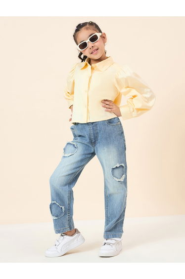 Girls Yellow Cotton Puff Sleeve Top
