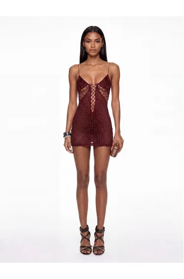 Exvira Backless Lace Up Leopard Mini Dress In Wine