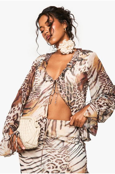 Animal Chiffon Ruffle Blouse - brown