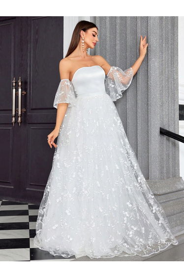 Leely Elegant Strapless Arm Sleeves Tulle Wedding Dress