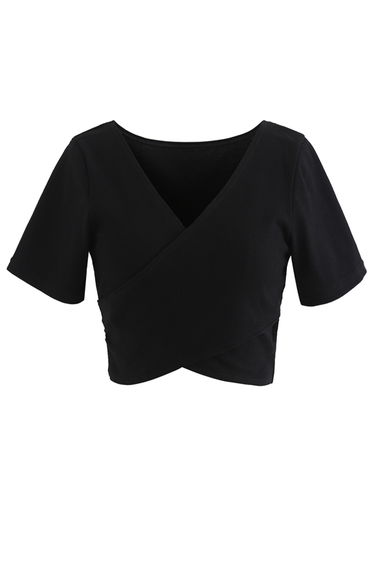 Crisscross Front Short Sleeves Ribbed Top in Black