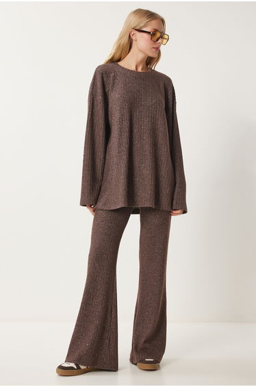 Women's Brown Comfortable Corded Knitted Blouse Trousers Set
