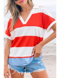Lvness Red Stripe Collar V Neck Cuffed Dolman Short Sleeve Top - 2