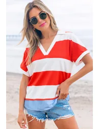 Lvness Red Stripe Collar V Neck Cuffed Dolman Short Sleeve Top - 4