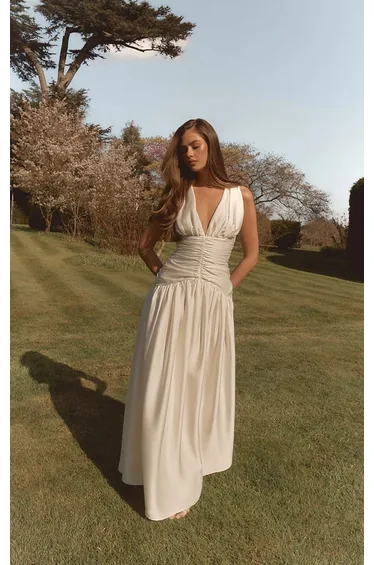 White Satin Ruched Maxi Dress