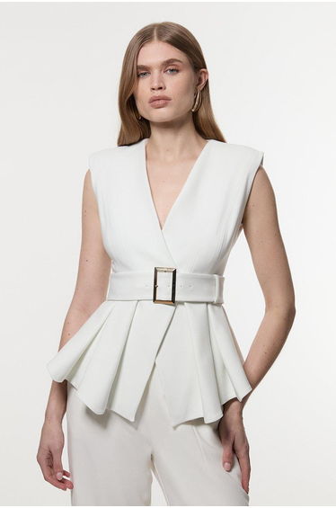 Compact Stretch Belted Peplum Sleeveless Tailored Waistcoat