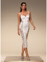 Evalyse Spaghetti Lace Bodycon Midi Dress In White - 4