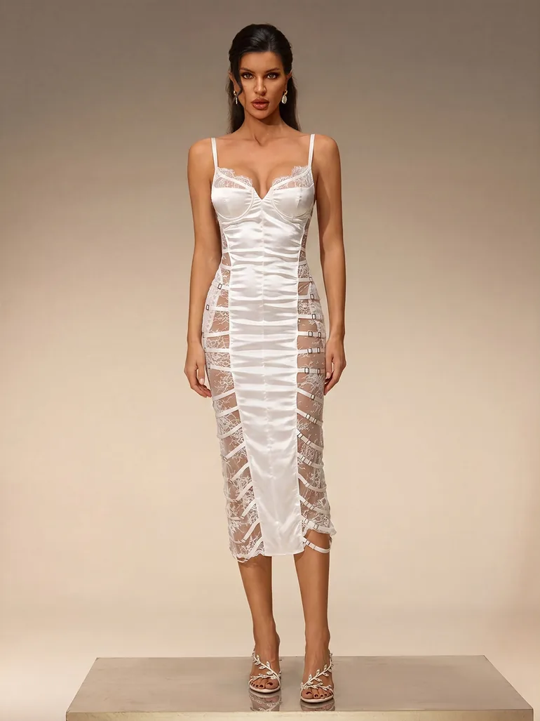 Evalyse Spaghetti Lace Bodycon Midi Dress In White - 1