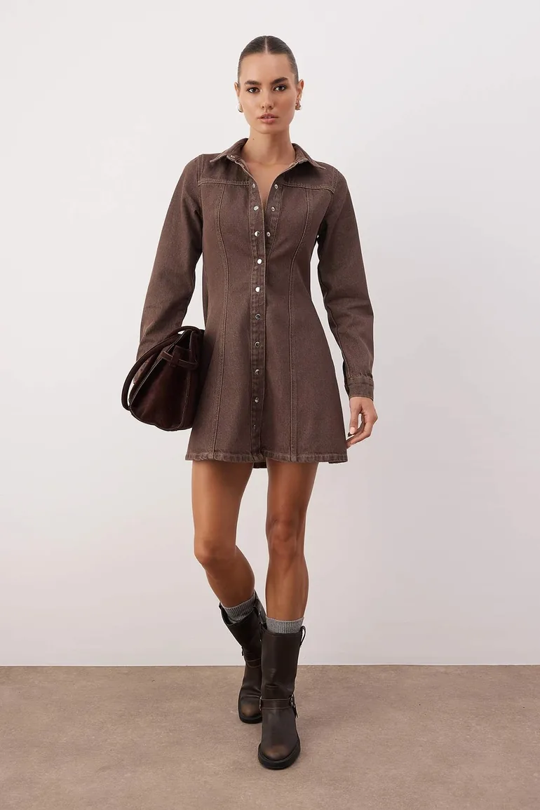 Brown plain short / mini denim dress