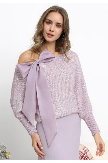 Organza Bowknot Sequin Embellished Fuzzy Knit Sweater in Lilac