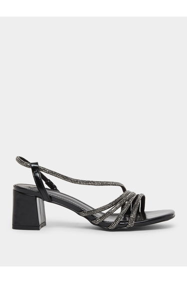 Black Rhinestone Strappy Low Heel Sandals