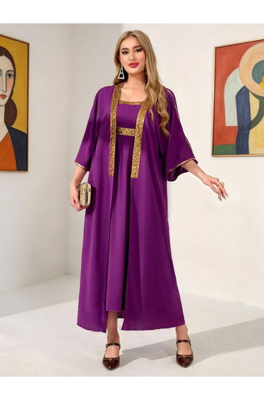 Solid Taping Trim Abaya and Dress Modest Set