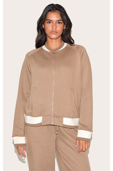 Taupe Contrast Seam Sweat Bomber Jacket