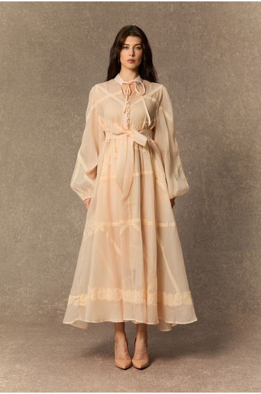 Lovely Details Beige Tie Neck Lace Panel Maxi Dress