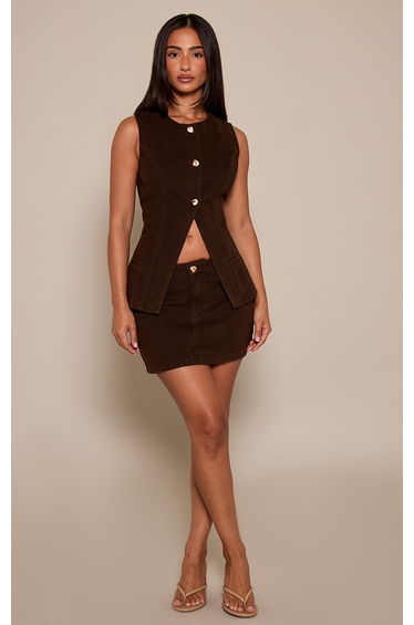 Petite Dark Chocolate Button Detail Denim Mini Skirt