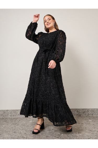 Plus Textured Georgette Maxi Dress with Self Tie