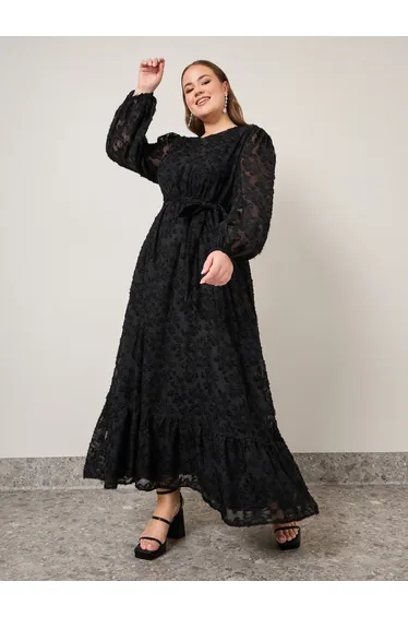 Plus Textured Georgette Maxi Dress with Self Tie