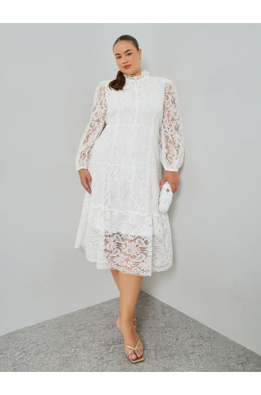 Plus Size White Lace Long Sleeves A-Line Midi Dress